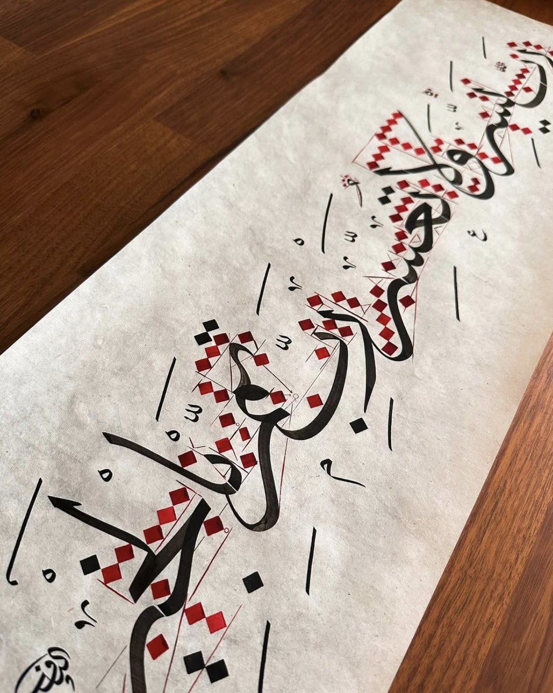 Studio detail — blue Thuluth composition in progress